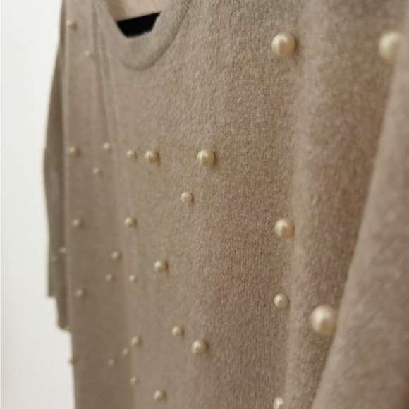 Zara Pearl Embellished Beige Sweater Top Oversized Womens Medium - Picture 5 of 6